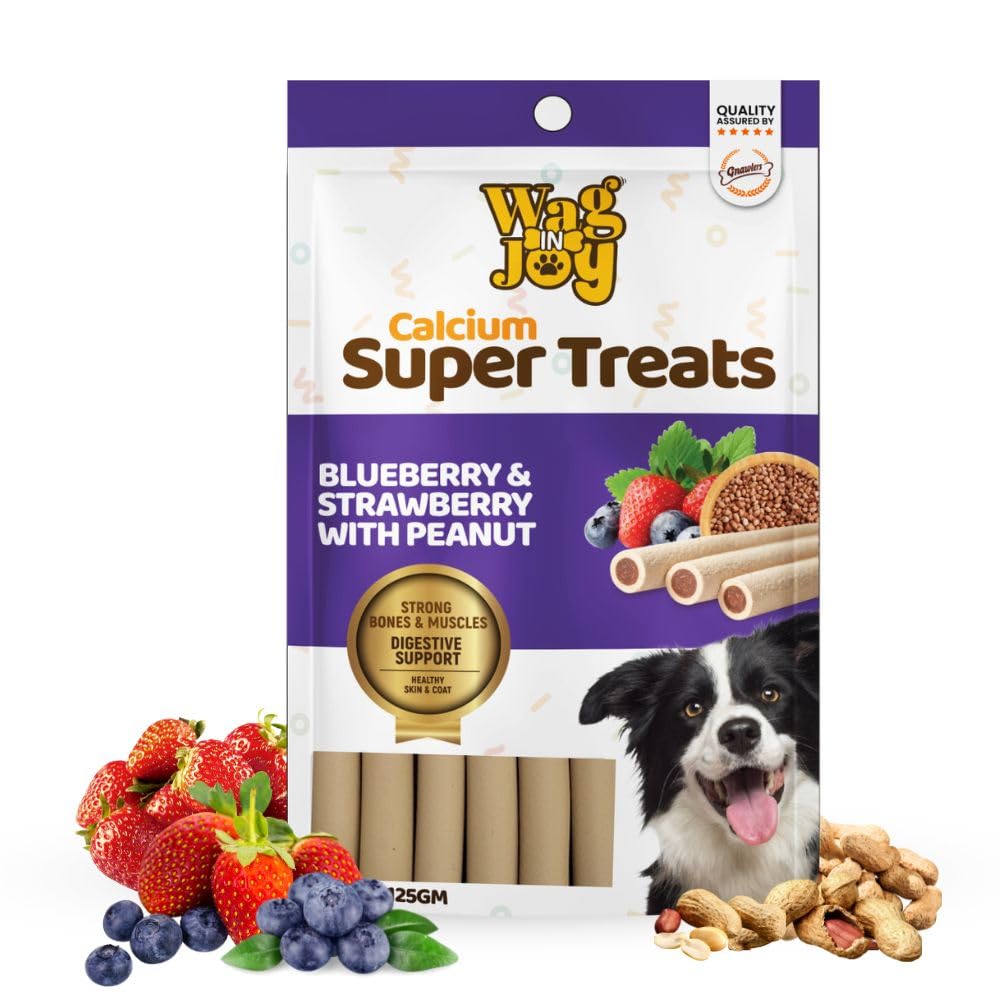 Calcium Super Treats Sticks 125 Gms 100 Vegetarian Dog Treat Strong Bones And Joint With Omega 3 Dog Food Pack Of 1 Blueberry Strawberry With Peanuts Young