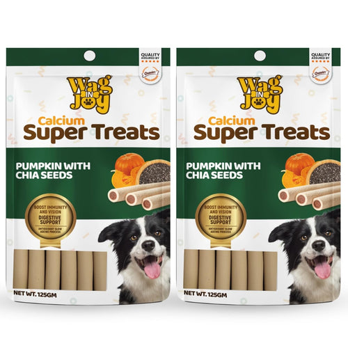 Calcium Super Treats Pumpkin With Chia Seeds Sticks 125 Gms Super Food For Dogs Supports Digestive Health 100 Vegetarian Dog Treat For Strong Bones And Joint With Omega 3 Pack Of 2