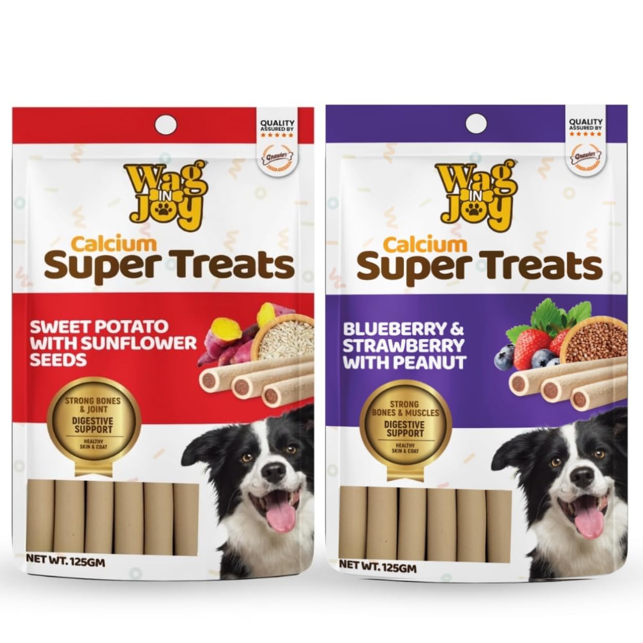 Calcium Super Treats Sweet Potato With Sunflower Blueberry Strawberry With Peanut 125 Gm 100 Vegetarian Dog Treat Supports Digestive Health Strong Bones And Joint Pack Of 2 Flavors