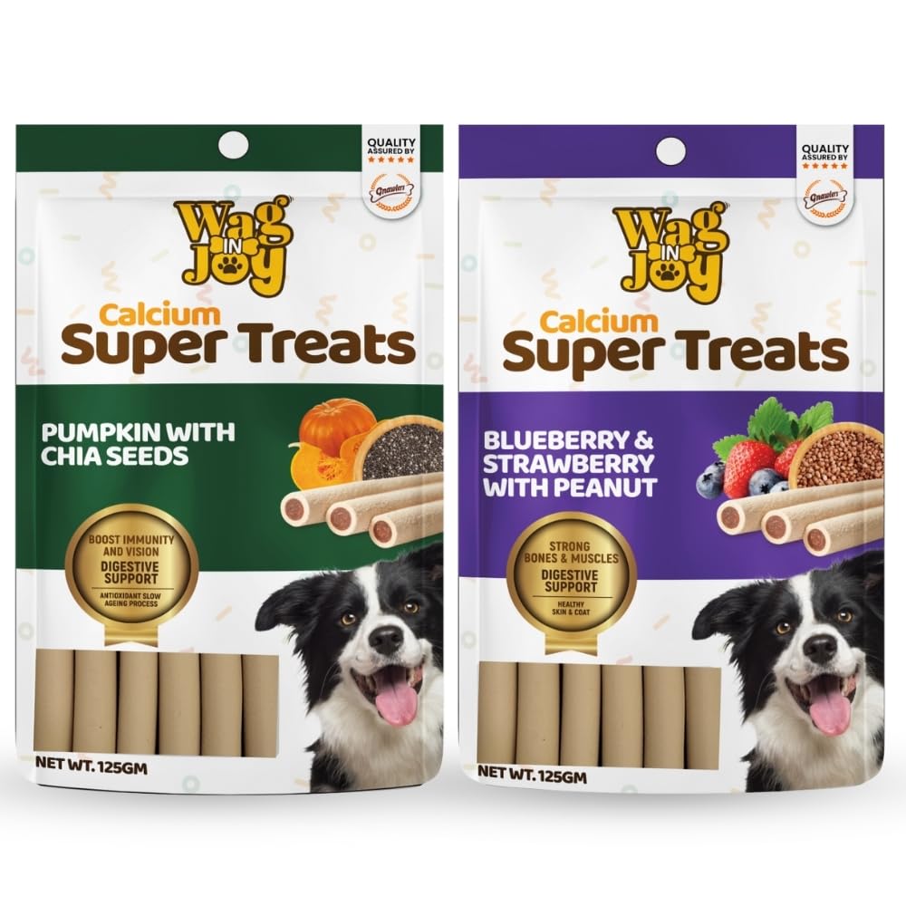 Calcium Super Treats Pumpkin With Chia Seeds Blueberry And Strawberry With Peanuts Sticks Super Food For Dogs Supports Digestive Health 100 Vegetarian Dog Treat Pack Of 2 Flavors Young