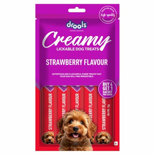 Drools All Life Stages Dog Treats Creamy 5 Sticks Tasty & Nutritious Snack for All Breeds (15g x5) 75g | Strawberry Flavour | Ideal for Training | Supports Hydration | Boost Muscle Health