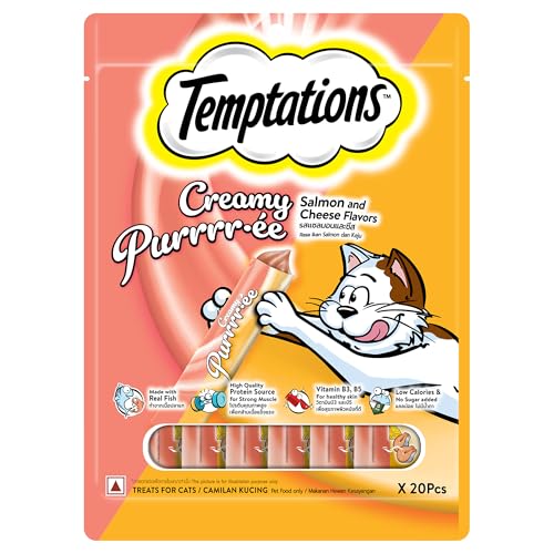 Temptations Creamy Purrrr-ée Lickable Cat Treats, Salmon & Cheese Flavors, 12g x 20 Packs (240g), Made with Real Fish, Rich in Protein, Vitamin B3, B5, Low Calorie & No Added Sugar, Adult