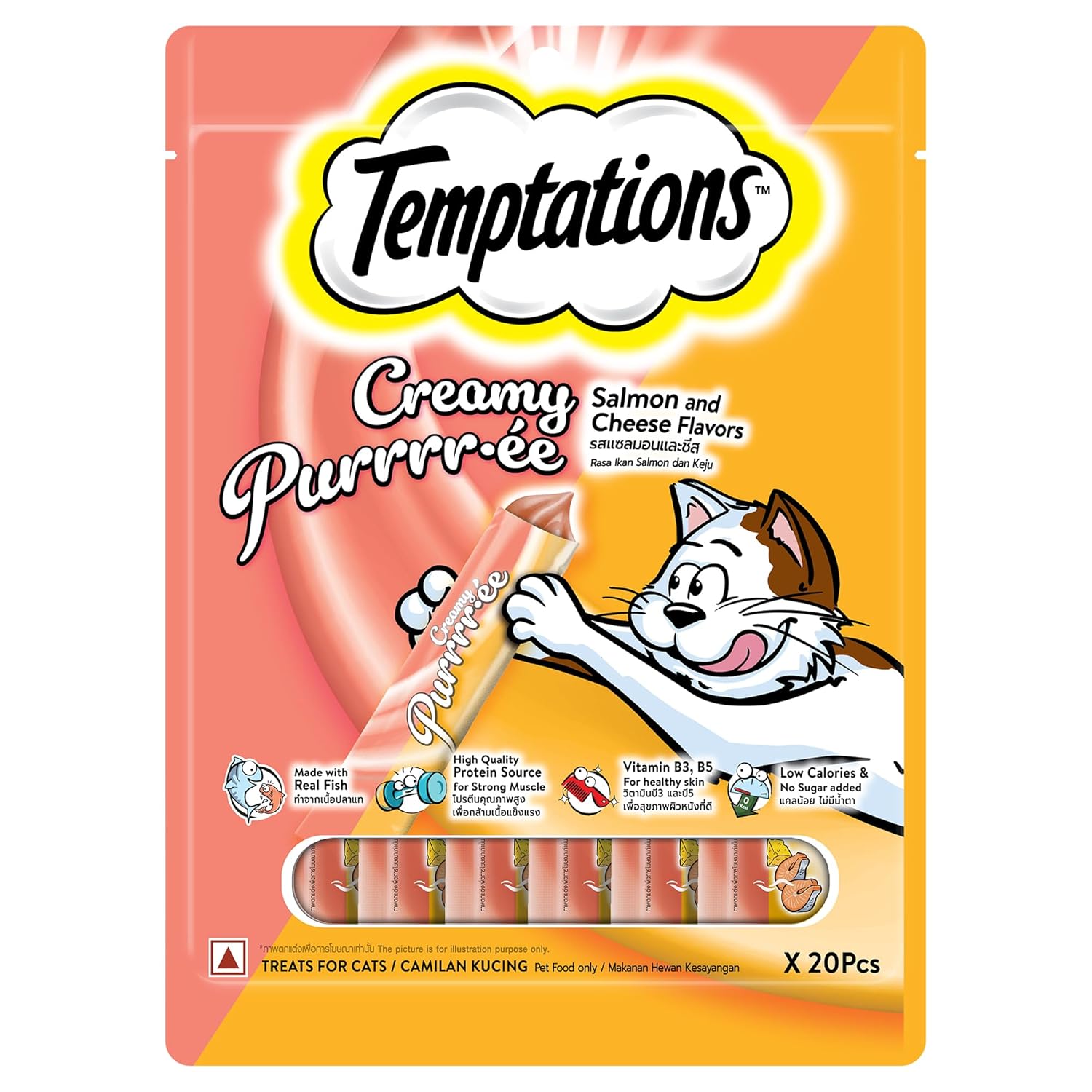 Temptations Creamy Purrrr Ee Lickable Cat Treats Salmon Cheese Flavors 12g X 20 Packs 240g Made With Real Fish Rich In Protein Vitamin B3 B5 Low Calorie No Added Sugar Adult