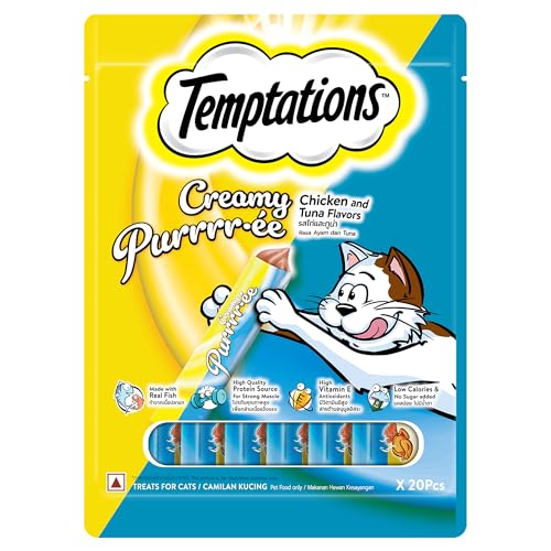 Temptations Creamy Purrrr-ée Lickable Cat Treats, Chicken & Tuna Flavors,12g x 20 Packs (240g), Made with Real Fish, Rich in Protein, Vitamin E Antioxidants, Low Calorie & No Added Sugar, Adult