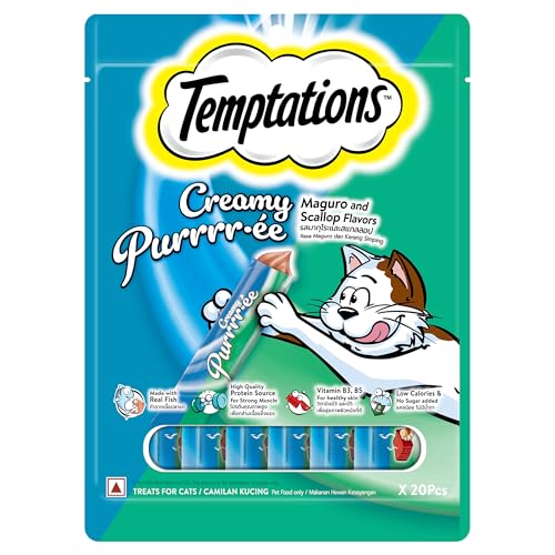 Temptations Creamy Purrrr-ée Lickable Cat Treats, Maguro & Scallop Flavors, 12g x 20 Packs (240g), Made with Real Fish, Rich in Protein, Vitamin B3, B5, Low Calorie & No Added Sugar, Adult
