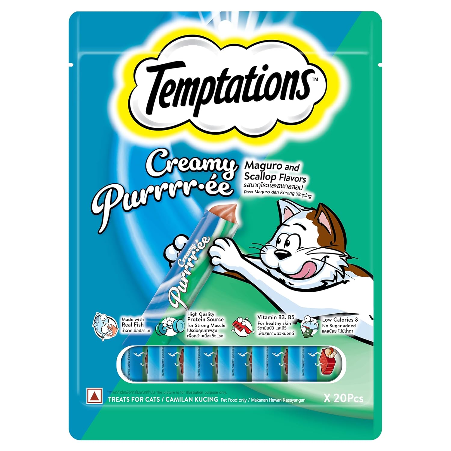 Temptations Creamy Purrrr Ee Lickable Cat Treats Maguro Scallop Flavors 12g X 20 Packs 240g Made With Real Fish Rich In Protein Vitamin B3 B5 Low Calorie No Added Sugar Adult