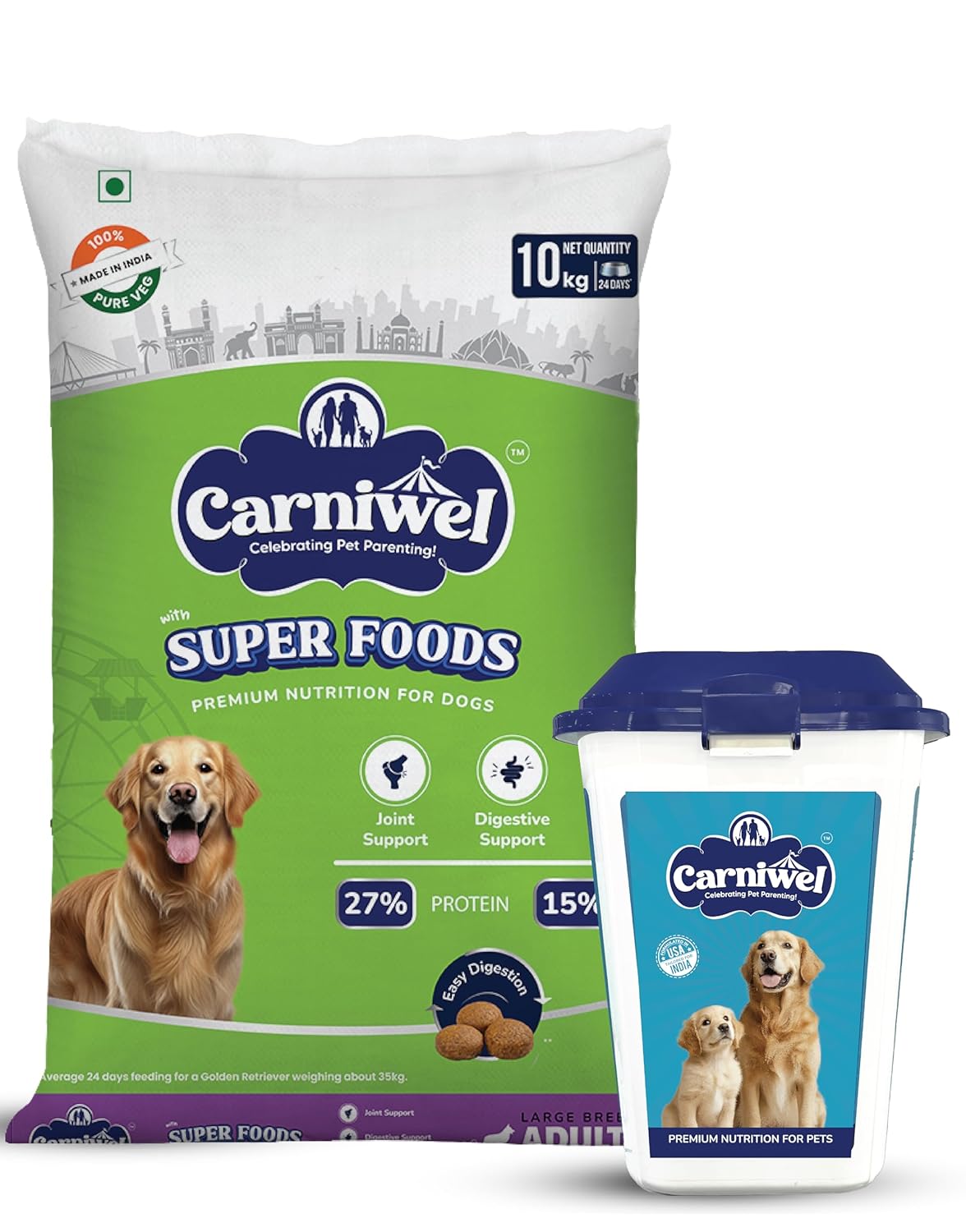 Carniwel Superfoods Dry Dog Food For Large Breed Adult Dogs 10kg Pack Free 50l Storage Container