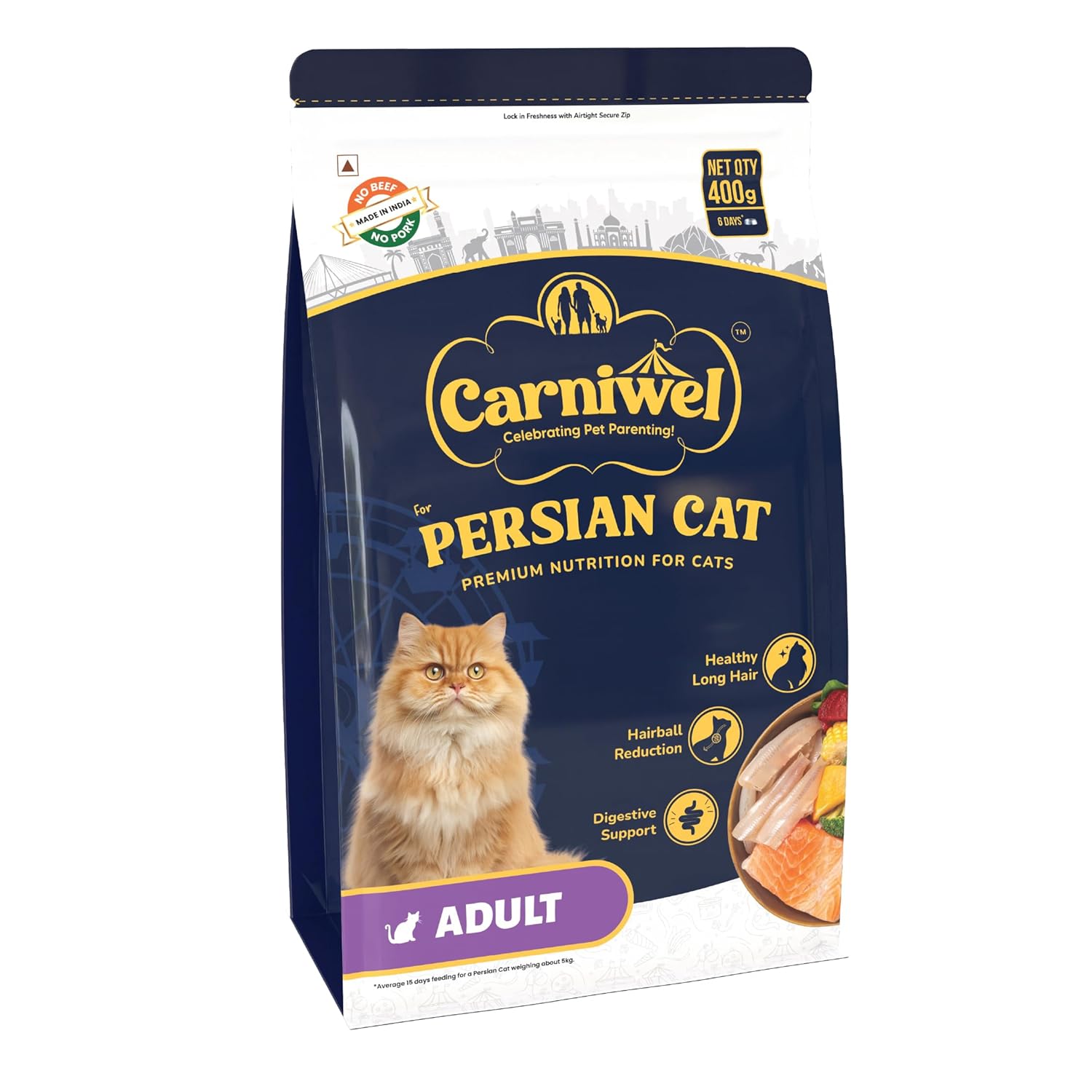 Carniwel Persian Adult Dry Cat Food With Antarctic Krill 3x Healthy Skin Coat Easy Digestion Hairball Reduction 400 Gm