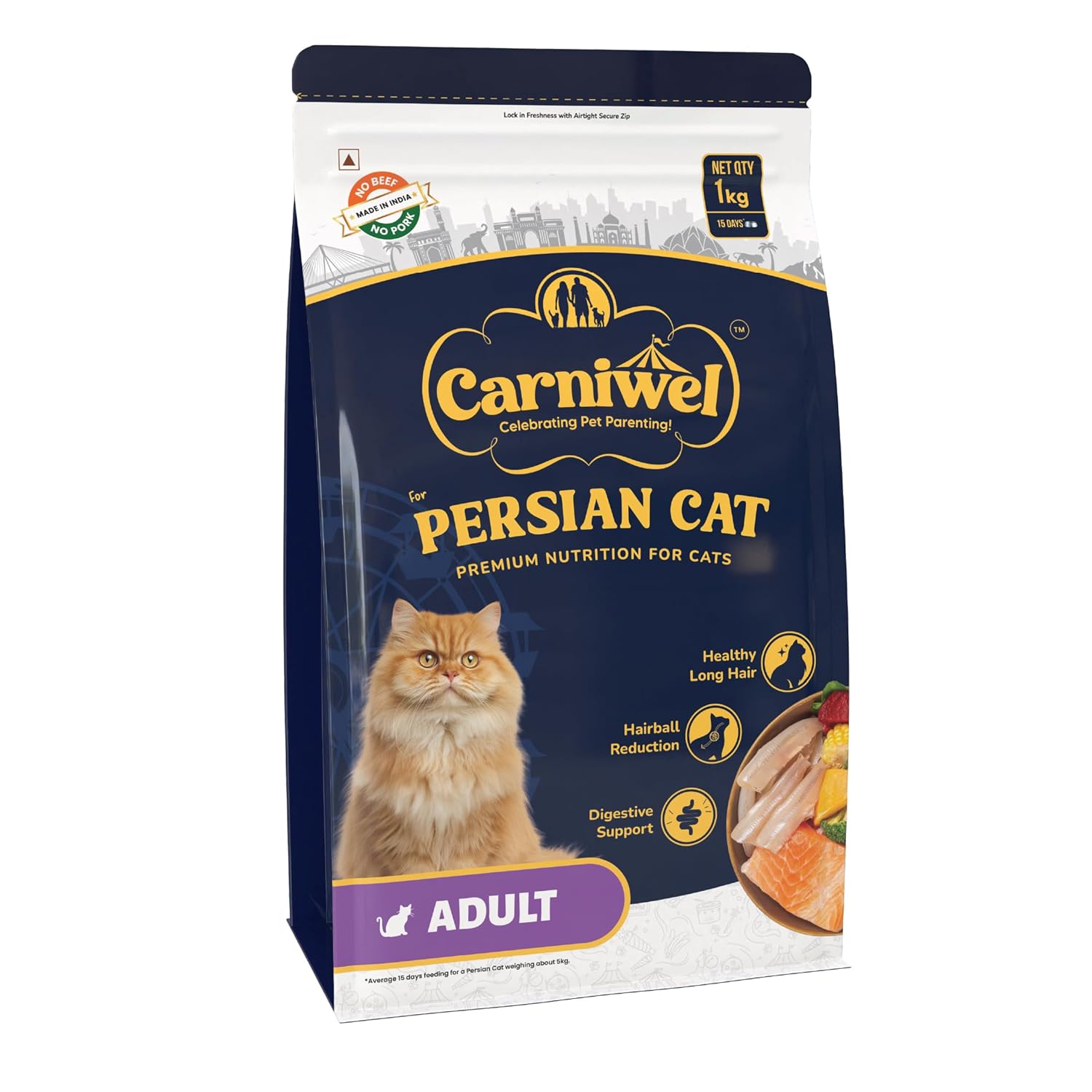 Carniwel Persian Adult Dry Cat Food With Antarctic Krill 3x Healthy Skin Coat Easy Digestion Hairball Reduction 1kg