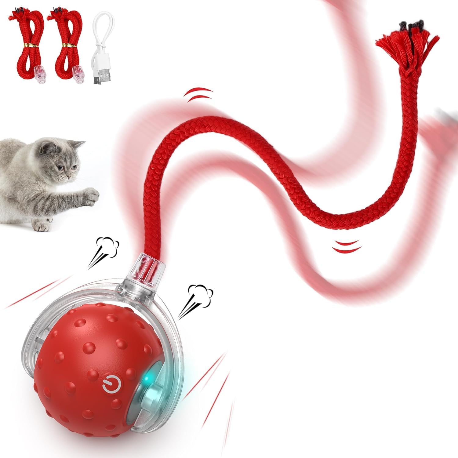 Smart Interactive Toy For Cat Dog Puppies And Kittens Toy Ball With Bunch Of Cotton Thread Led Rolling Ball Usb Rechargeable Motion Activated Indoor Pet Training
