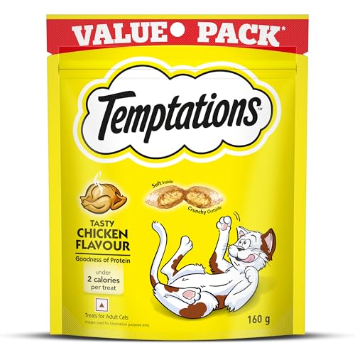 Temptations Cat Treats, Tasty Chicken Flavour, 160g Value Pack, Crunchy Outside Soft Inside, Goodness of Protein, Vitamins & Minerals, No Artificial Flavours, Resealable Pouch,Adult,Wafer (Standard)