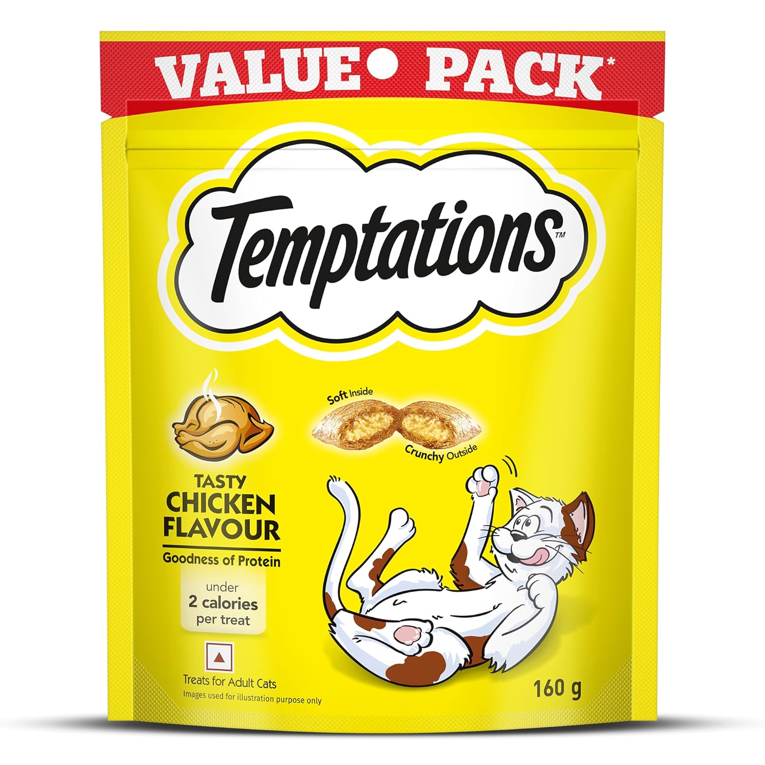 Temptations Cat Treats Tasty Chicken Flavour 160g Value Pack Crunchy Outside Soft Inside Goodness Of Protein Vitamins Minerals No Artificial Flavours Resealable Pouch Adult Wafer Standard