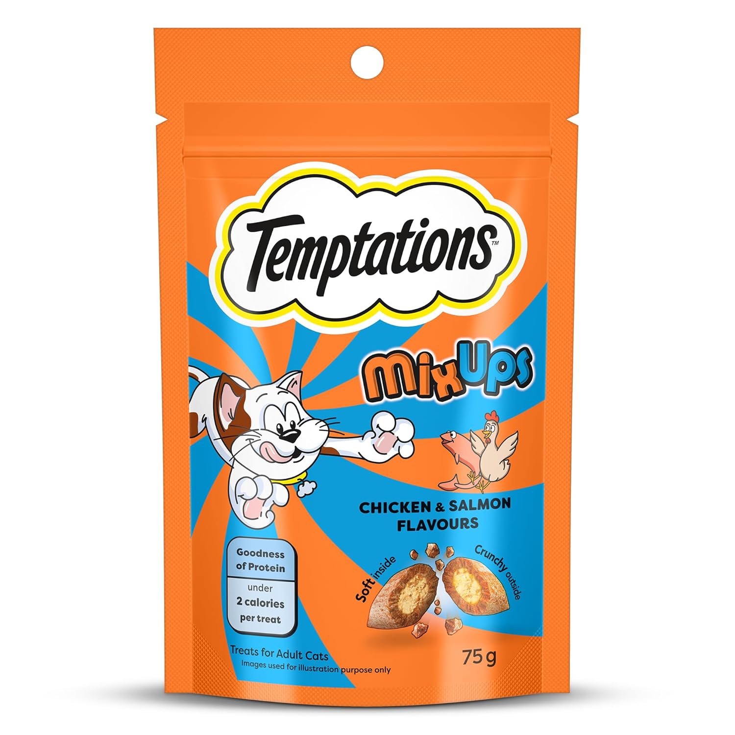 Temptations Mixups Cat Treats Chicken Salmon Flavours 75g Two Irresistible Flavours In One Pack Crunchy Outside Soft Inside Goodness Of Protein Vitamins Minerals Resealable Pouch