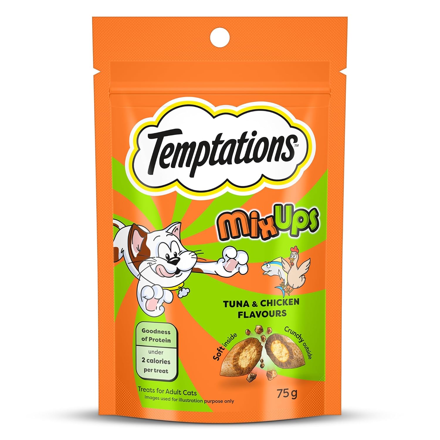 Temptations Mixups Cat Treats Tuna Chicken Flavours 75g Two Irresistible Flavours In One Pack Crunchy Outside Soft Inside Goodness Of Protein Vitamins Minerals Resealable Pouch
