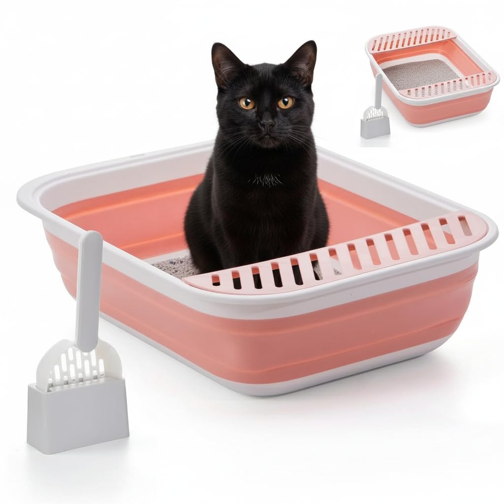 Foldable Cat Litter Tray With Fashion Scoop Collapsible Small Litter Tray Kitten Open Potty Pan For Sick Frail Handicap Disabled Older Elderly Cat Travel Pink