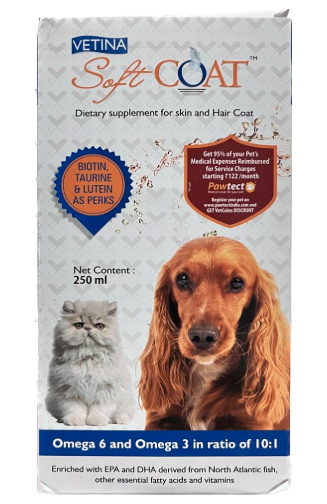 Vetina Soft Coat Dietry Supplement for Skin and Hairs Coat Omega 6 and Omega 3 in Ratio of 10:1 Fish Oil 250ml