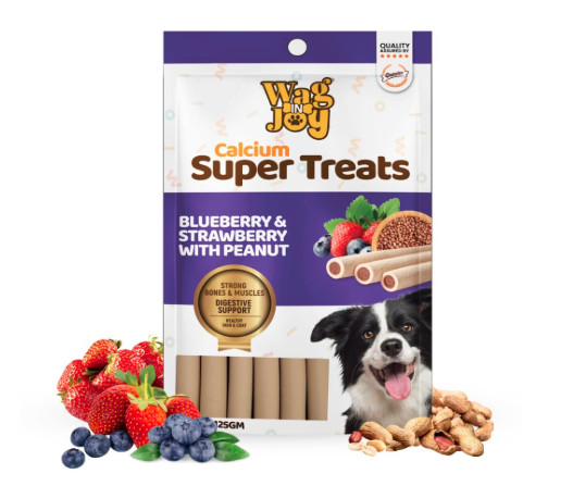 WAG IN JOY Calcium Super Treats Sticks 125 GMS | 100% Vegetarian Dog Treat|| Strong Bones and Joint| with Omega 3| Dog Food| Pack of 1|Blueberry & Strawberry with Peanuts|,Young