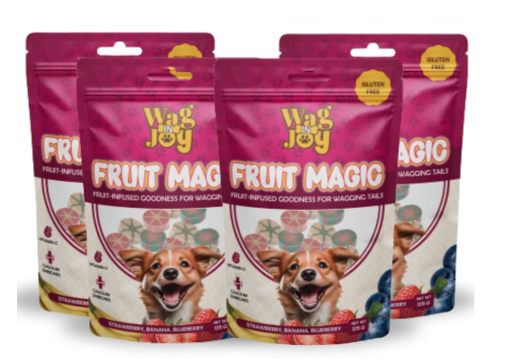 Wag in Joy Fruit Magic Veg Treats for Dogs | Vitamin C, Calcium Enriched | Gluten Free | Mix Fruit, Strawberry, Blueberry & Banana Flavour, 125 gm (Candies Shape) (Pack of 4)