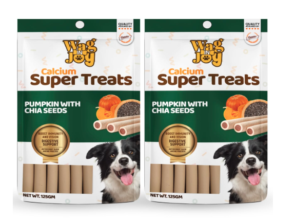 WAG IN JOY Calcium Super Treats, Pumpkin with Chia Seeds Sticks 125 GMS | Super Food for Dogs| Supports Digestive Health| 100% Vegetarian Dog Treat| for Strong Bones and Joint | with Omega 3|Pack of 2