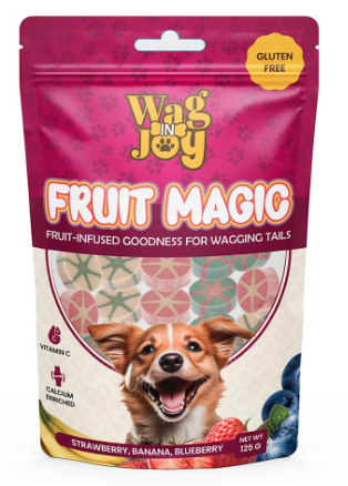 WAG IN JOY Fruit Magic Veg Treats for Dogs | Vitamin C, Calcium Enriched | Gluten Free | Mix Fruit, Strawberry, Blueberry & Banana Flavour, 125 Gm (Candies Shape),All Life Stages