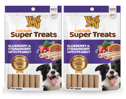 WAG IN JOY Calcium Super Treats Sticks |100% Vegetarian Dog Food| with Blueberry, Strawberry & Peanuts | Strong Bones and Joint | with Omega 3| 125 GMS| Pack of 2 |