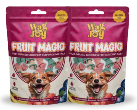 Wag in Joy Fruit Magic Veg Treats for Dogs | Vitamin C, Calcium Enriched | Gluten Free | Mix Fruit, Strawberry, Blueberry & Banana Flavour, 125 gm (Combo A)| Knotted Pack of 2|