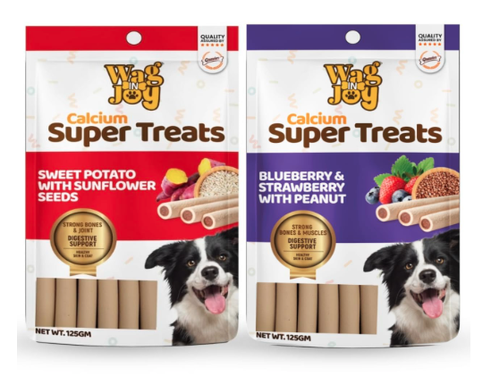WAG IN JOY Calcium Super Treats, Sweet Potato with Sunflower & Blueberry & Strawberry with peanut 125 GM| 100% Vegetarian Dog Treat| Supports Digestive Health| Strong Bones and Joint|Pack of 2 Flavors