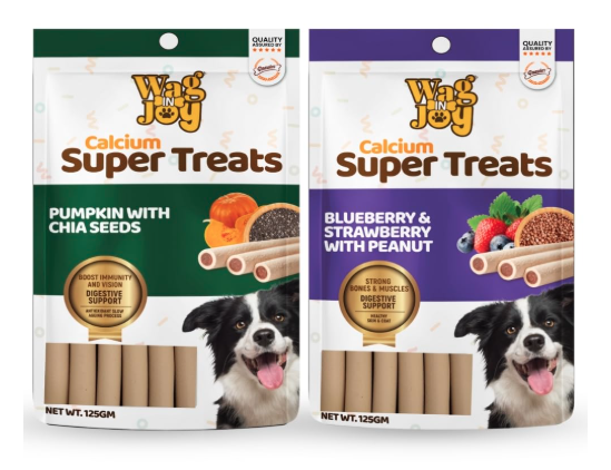 WAG IN JOY Calcium Super Treats,Pumpkin with Chia Seeds & Blueberry and Strawberry with Peanuts Sticks|Super Food for Dogs|Supports Digestive Health|100% Vegetarian Dog Treat|Pack of 2 Flavors,Young