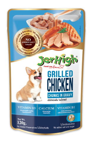 Jerhigh Wet Dog Food, Human Grade High Protein Chicken,Gravy Grilled Chicken (Pack of 108) with Free Gnawlers Calcium Bone (1pc) 22g- Sold by DogsNCats,All Life Stages