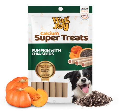 WAG IN JOY Calcium Super Treats Sticks 125 GMS | 100% Vegetarian Dog Treat|| Strong Bones and Joint| with Omega 3| Dog Food|Pack of 1| Pumpkin with Chia Seeds|,Young