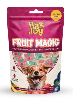 WAG IN JOY Fruit Magic Veg Treats for Dogs | Vitamin C, Calcium Enriched | Gluten Free | Mix Fruit, Strawberry, Blueberry & Banana Flavour, 125 Gm (Flower Shape),All Life Stages