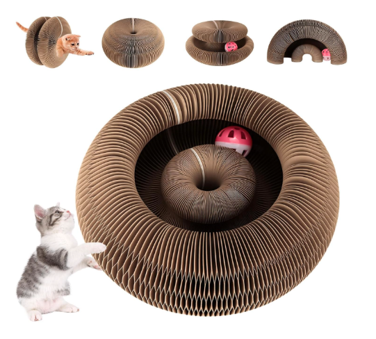 Magic Organ Cat Flexible Cat Scratching Board | Cat Toy with Bell Grinding Claw | Foldable Magnetic Corrugated Paper Circular Accordion Toy.
