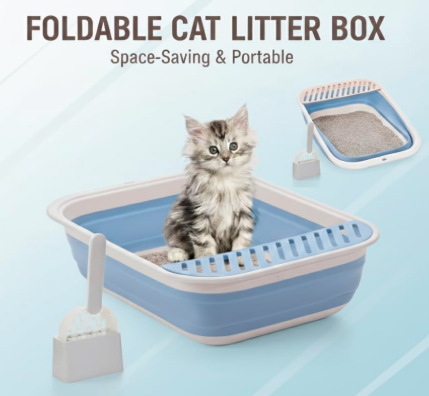 Foldable Cat Litter Tray with Fashion Scoop, Collapsible Small Litter Tray Kitten Open Potty Pan Travel
