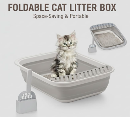 Foldable Cat Litter Tray with Fashion Scoop, Collapsible Small Litter Tray Kitten Open Potty Pan Travel (Grey)