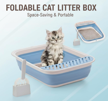 Foldable Cat Litter Tray with Fashion Scoop, Collapsible Small Litter Tray Kitten Open Potty Pan Travel (Blue)