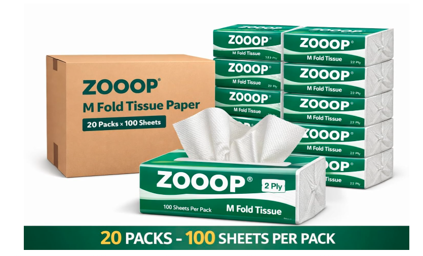 ZOOOP M Fold Tissue Paper 2 Ply | 100 Sheets x 20 Packs | Multifold Hand Towels for Office, Hotel, Washroom, Kitchen & Restaurant | Soft Absorbent White Tissue Paper