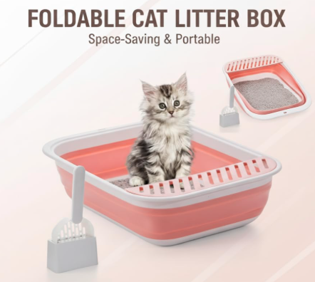 Foldable Cat Litter Tray with Fashion Scoop, Collapsible Small Litter Tray Kitten Open Potty Pan Travel (Pink)