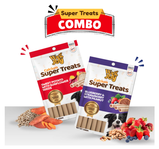 WAG IN JOY Calcium Super Treats, Sweet Potato with Sunflower & Blueberry & Strawberry with peanut 125 GM| 100% Vegetarian Dog Treat|Pack of 2 Flavors
