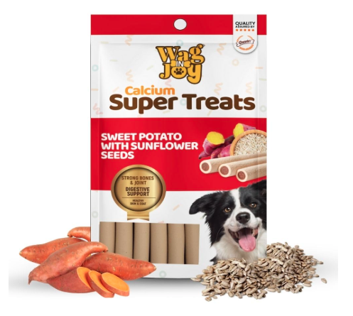 WAG IN JOY Calcium Super Treats, Sweet Potato with Sunflower Seeds Sticks 125 GMS | 100% Vegetarian Dog Treat| Supports Digestive Health |Young