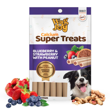 WAG IN JOY Calcium Super Treats Sticks 125 GMS | 100% Vegetarian Dog Treat|| Strong Bones and Joint|Blueberry & Strawberry with Peanuts|,Young