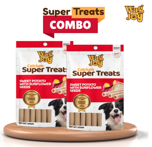 WAG IN JOY Calcium Super Treats, Sweet Potato with Sunflower Seeds Sticks 125 GMS | 100% Vegetarian Dog Treat| Supports Digestive Health|Pack of 2