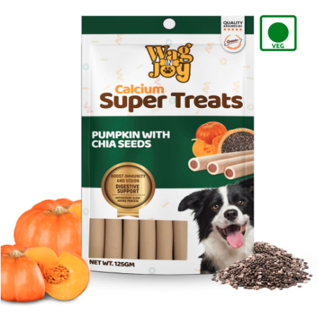 WAG IN JOY Calcium Super Treats Sticks 125 GMS | 100% Vegetarian Dog Treat|| Strong Bones and Joint| Pumpkin with Chia Seeds|,Young