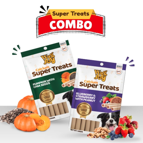 WAG IN JOY Calcium Super Treats,Pumpkin with Chia Seeds & Blueberry and Strawberry with Peanuts Sticks|Super Food for Dogs|Pack of 2 Flavors,Young