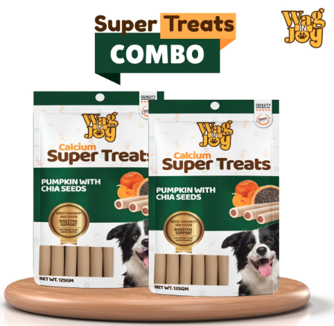 WAG IN JOY Calcium Super Treats, Pumpkin with Chia Seeds Sticks 125 GMS | Super Food for Dogs|Pack of 2