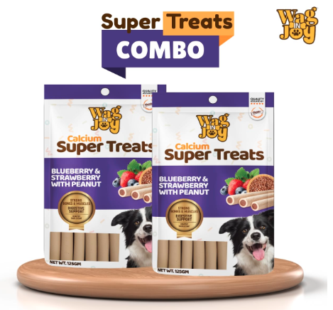 WAG IN JOY Calcium Super Treats Sticks |100% Vegetarian Dog Food| with Blueberry, Strawberry & Peanuts | Strong Bones and Joint | 125 GMS| Pack of 2 |