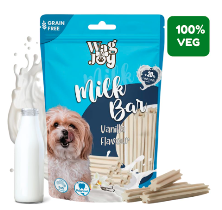 Wag In Joy Goats Milk Bar | Grain Free, Vanilla Flavour, Soft Daily Vegetarian Dog Treat | Pack of 150gms|