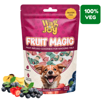 WAG IN JOY Fruit Magic Veg Treats for Dogs | Vitamin C, Calcium Enriched | Mix Fruit, Strawberry, Blueberry & Banana Flavour, 125 Gm (Knotted Shape)