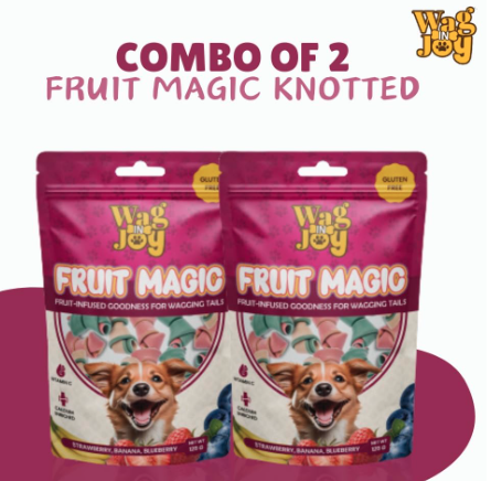 Wag in Joy Fruit Magic Veg Treats for Dogs | Strawberry, Blueberry & Banana Flavour, 125 gm | Knotted Pack of 2|