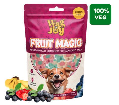 WAG IN JOY Fruit Magic Veg Treats for Dogs | Vitamin C, Calcium Enriched | Gluten Free | Mix Fruit, Strawberry, Blueberry & Banana Flavour, 125 Gm