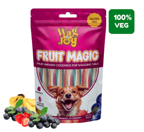 WAG IN JOY Fruit Magic Veg Treats for Dogs | Vitamin C, Calcium Enriched | Mix Fruit, Strawberry, Blueberry & Banana Flavour, 125 Gm (Stick Shape)